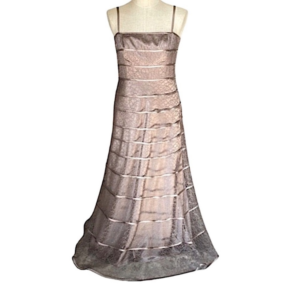 JS COLLECTION TAUPE SATIN LACE OVERLAY FORMAL GOWN GALA 16